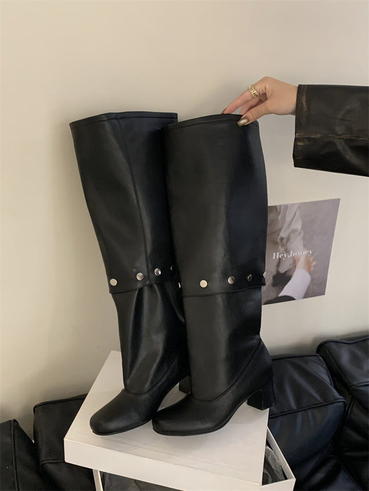 Riveted Detachable Round-Toe Long Boots