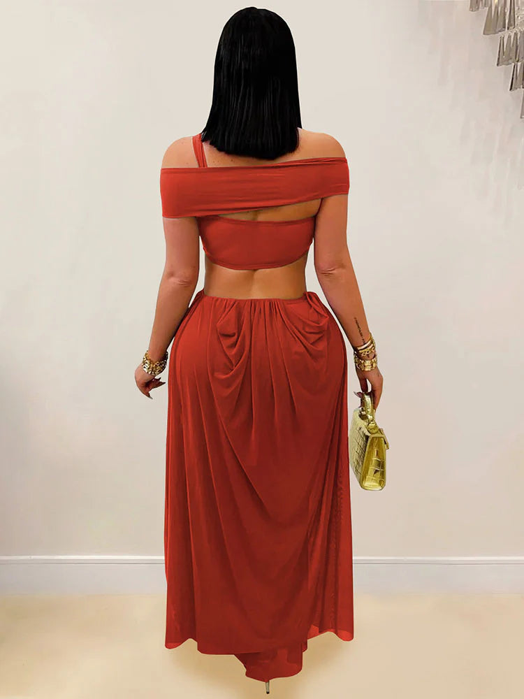Draped Mesh Maxi Dress