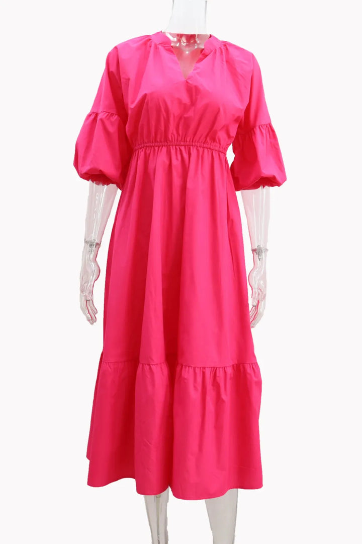 Half Sleeve V Neck High Waist Midi Dress