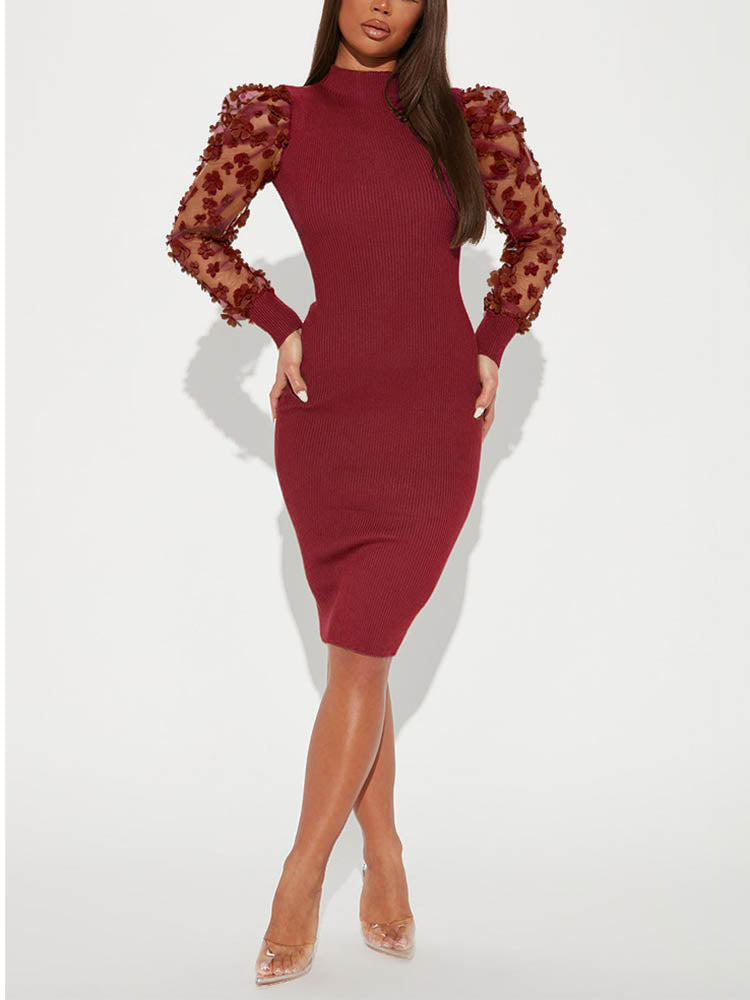 Mesh Puff Sleeve Ribbed Midi Dress Purple / XL