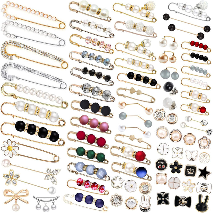 Aethers & Co A2 80 Pcs Brooch Pins, Sweater Shawl Hat Clip Neckline Pins Double Faux Pearl Brooches for Women Girls Fashion Cover Up Buttons Clothing Dress Decoration Accessories Pant Waist Tightener Safety Pins (70)