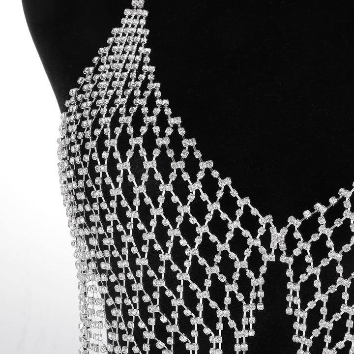 Aethers & Co A18  Rhinestone Chest Chain Bra Body Jewelry for Women Silver Bikini Bra Body Chains