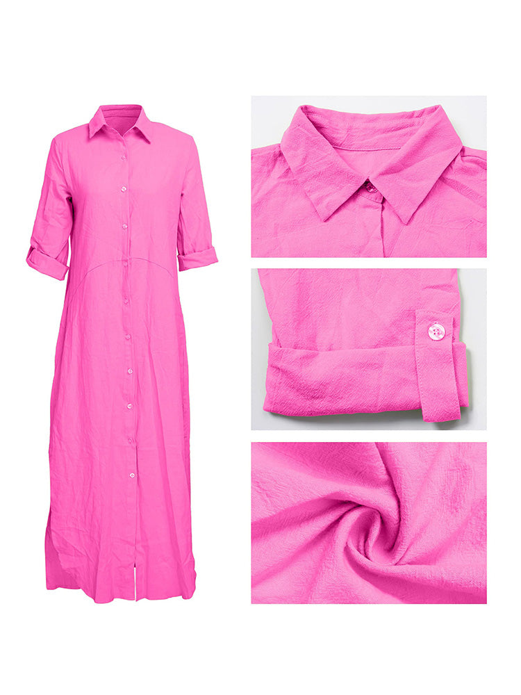 Button Down Loose Shirt Dress Fuchsia / XL