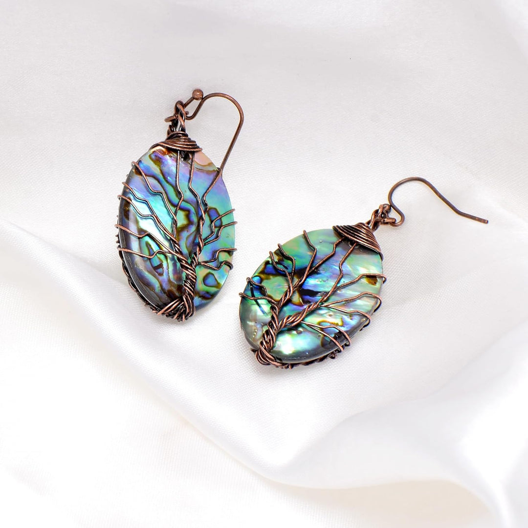 Aethers & Co A5 Handmade Teardrop Abalone Shell Dangle Earrings for Women, Wire Craft Tree of Life Earrings