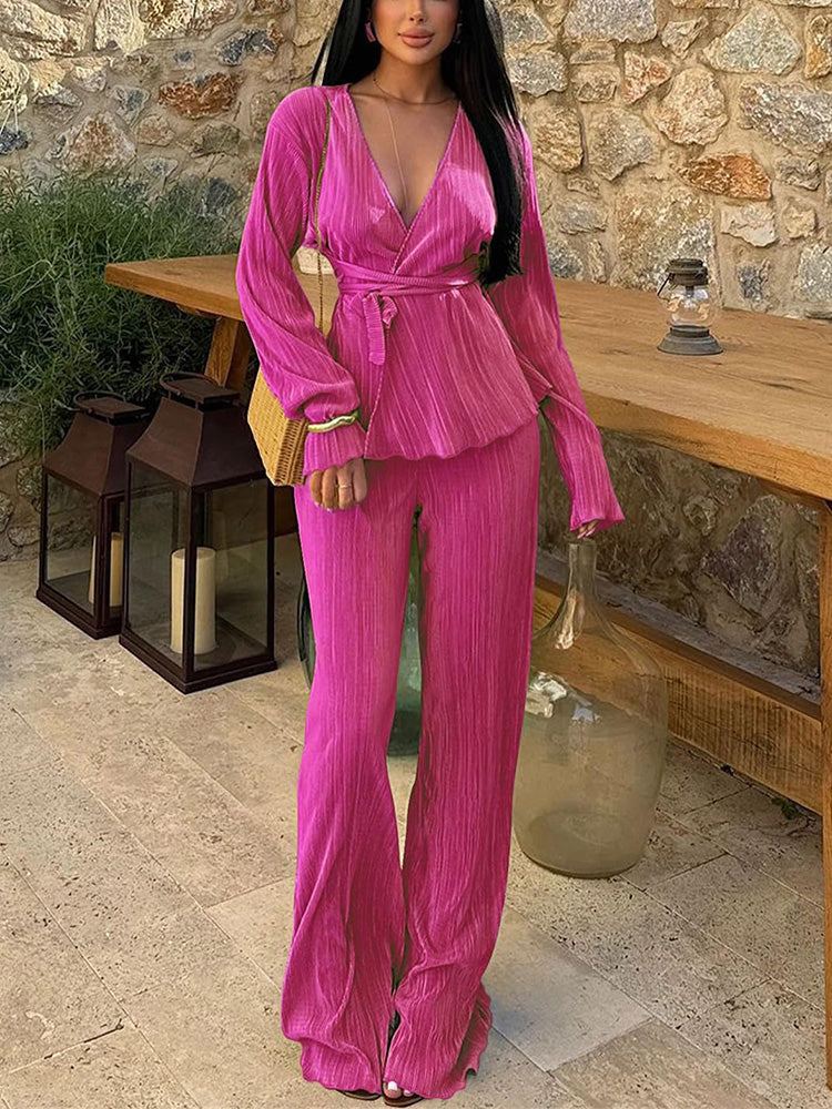 Belted Top Pleated Pants Set White / S