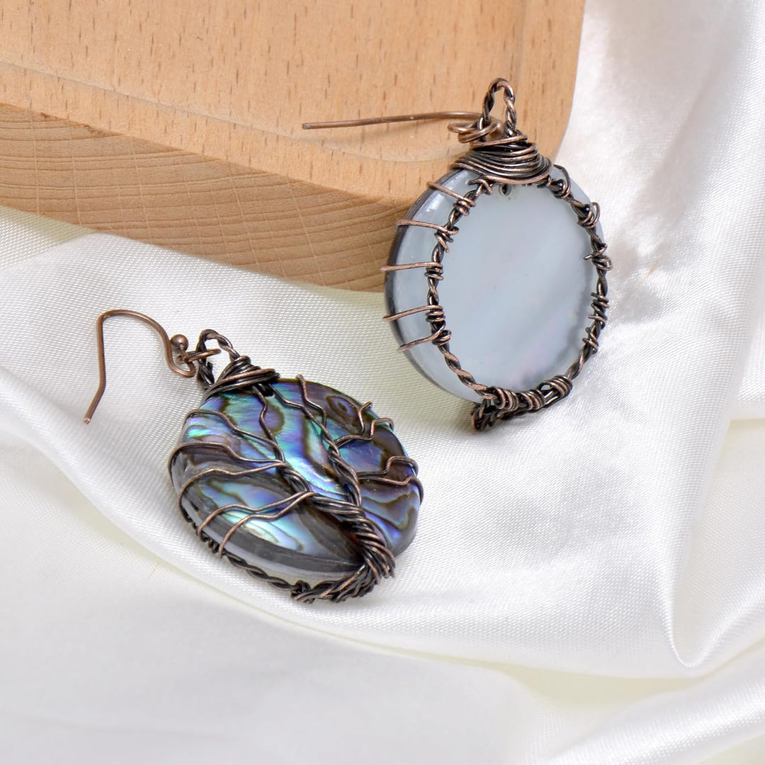 Aethers & Co A5 Handmade Teardrop Abalone Shell Dangle Earrings for Women, Wire Craft Tree of Life Earrings