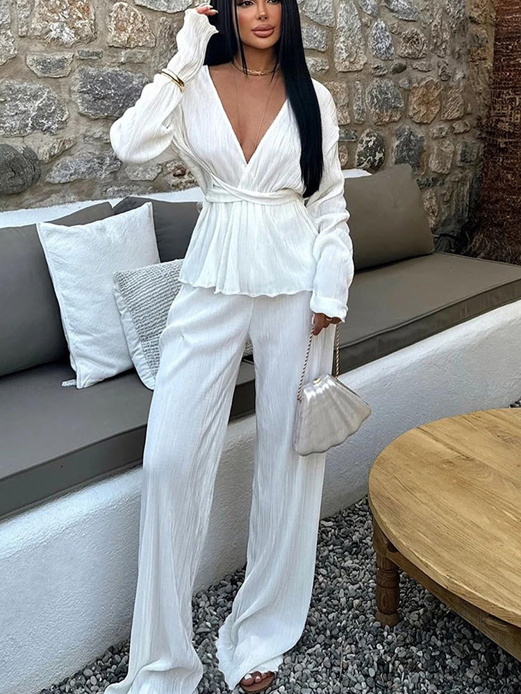 Belted Top Pleated Pants Set Pink / L