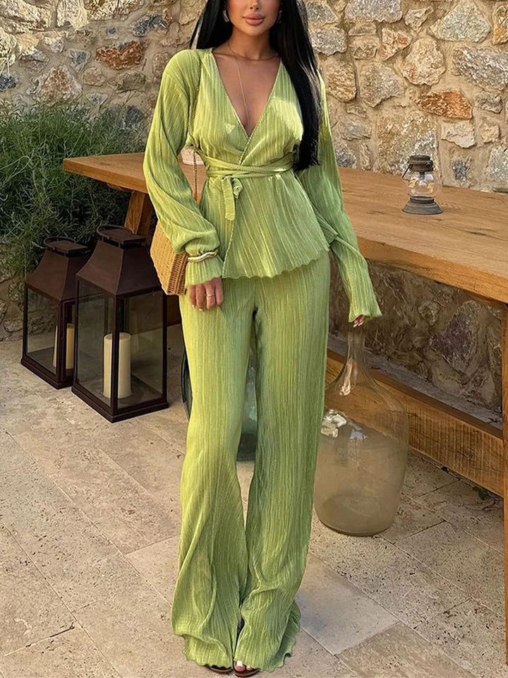 Belted Top Pleated Pants Set Green / S