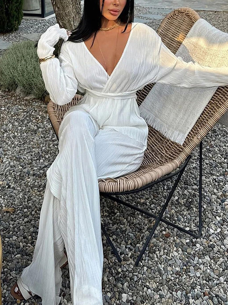 Belted Top Pleated Pants Set Pink / XL