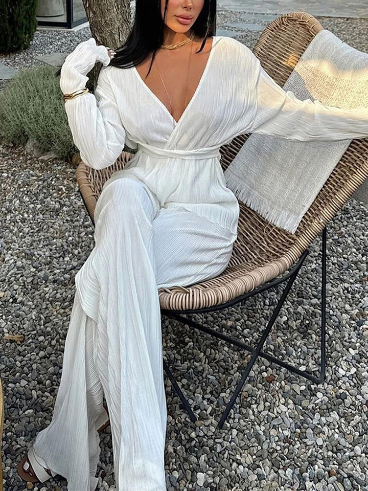 Belted Top Pleated Pants Set Pink / XL