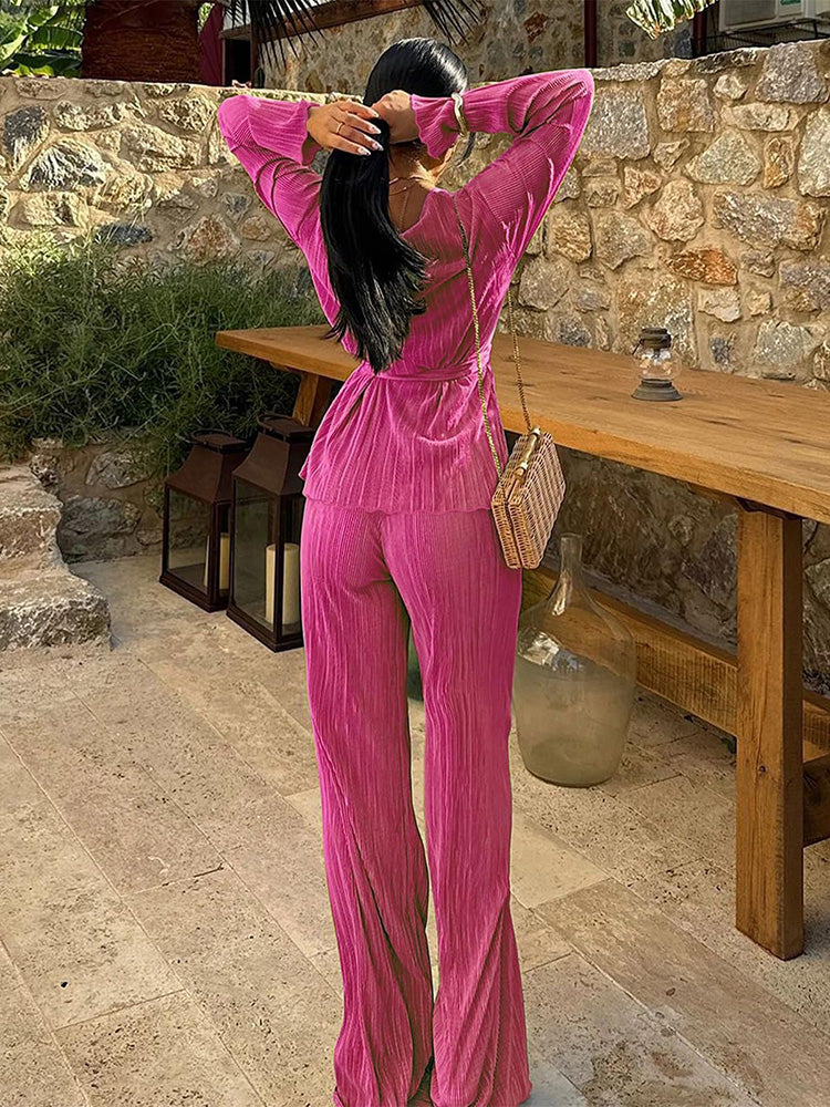 Belted Top Pleated Pants Set White / M