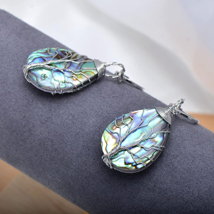 Aethers & Co A5 Handmade Teardrop Abalone Shell Dangle Earrings for Women, Wire Craft Tree of Life Earrings