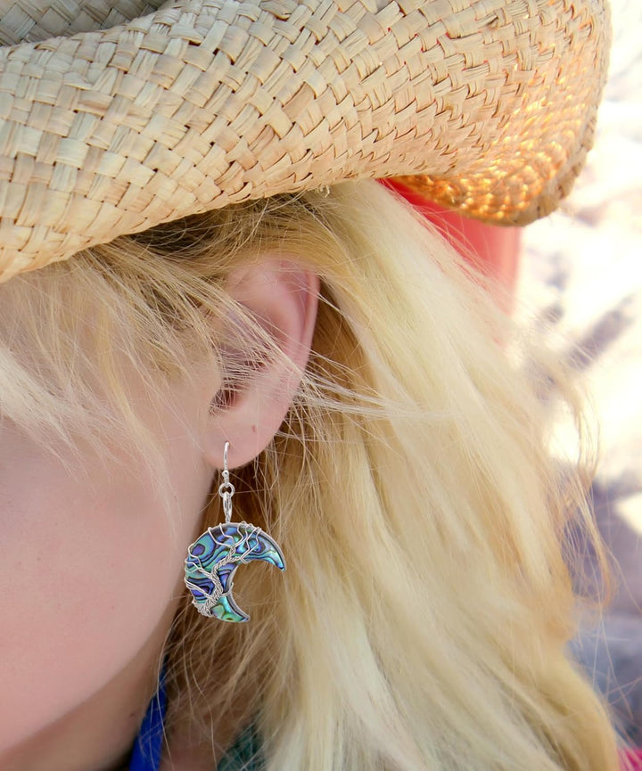 Aethers & Co A5 Handmade Teardrop Abalone Shell Dangle Earrings for Women, Wire Craft Tree of Life Earrings