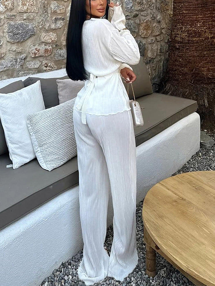 Belted Top Pleated Pants Set Pink / 2XL