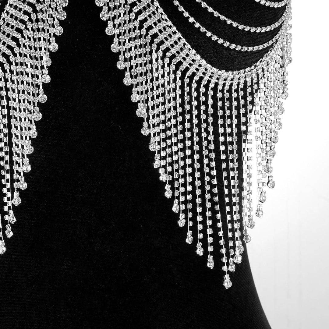 Aethers & Co A18  Rhinestone Chest Chain Bra Body Jewelry for Women Silver Bikini Bra Body Chains