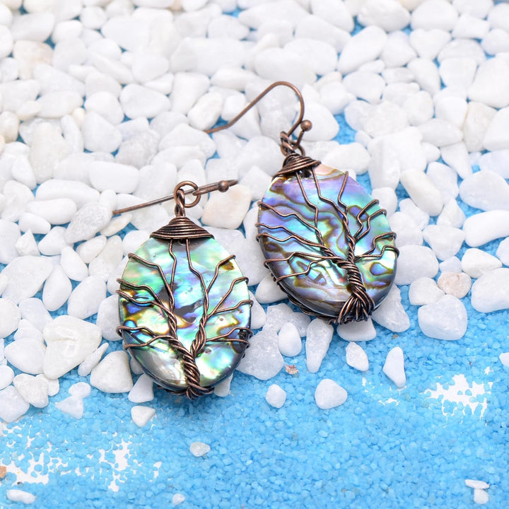 Aethers & Co A5 Handmade Teardrop Abalone Shell Dangle Earrings for Women, Wire Craft Tree of Life Earrings