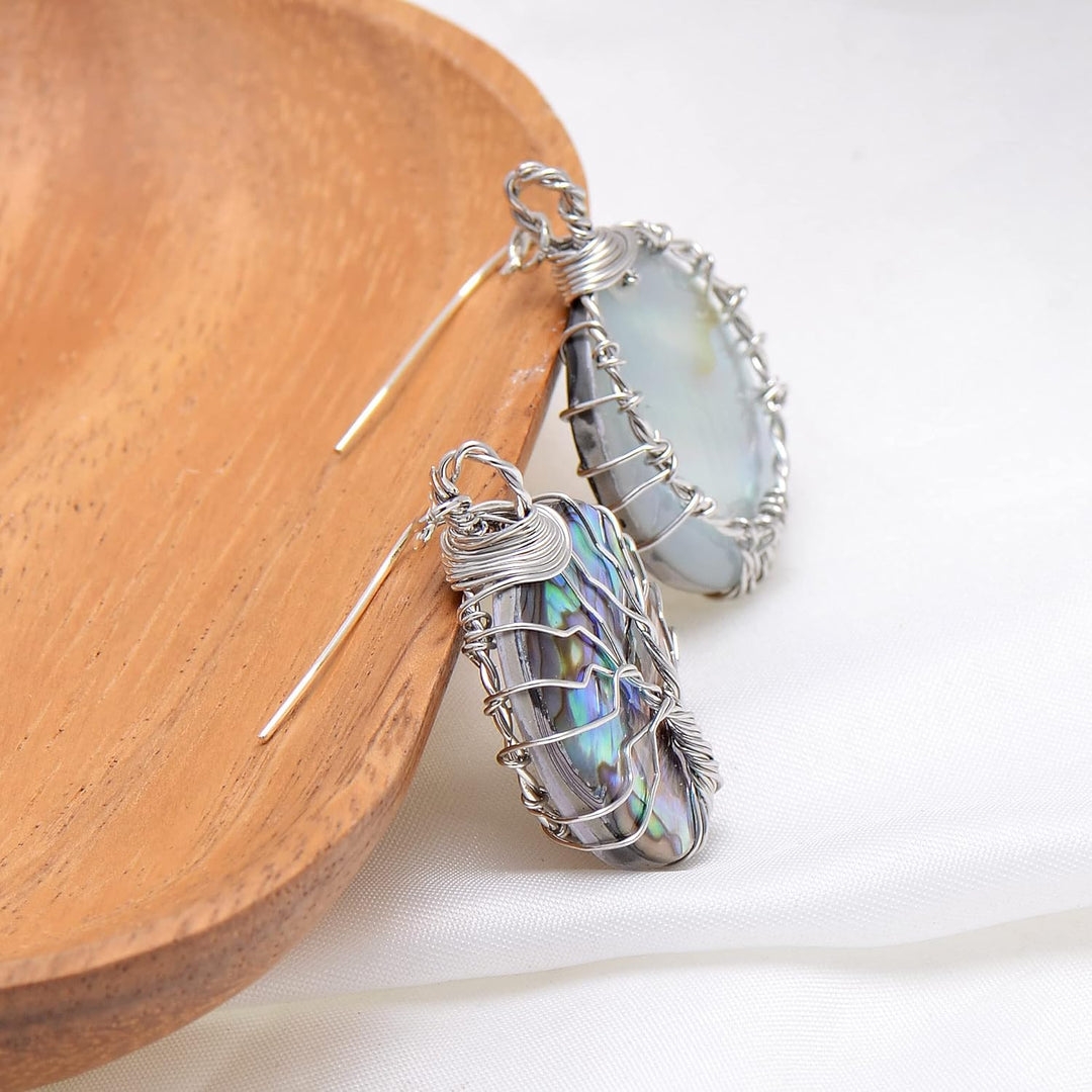 Aethers & Co A5 Handmade Teardrop Abalone Shell Dangle Earrings for Women, Wire Craft Tree of Life Earrings