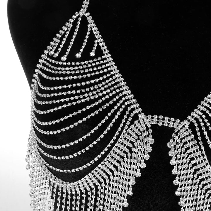 Aethers & Co A18  Rhinestone Chest Chain Bra Body Jewelry for Women Silver Bikini Bra Body Chains