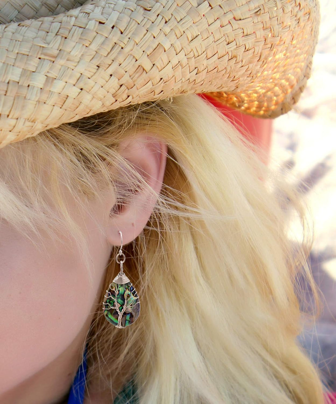 Aethers & Co A5 Handmade Teardrop Abalone Shell Dangle Earrings for Women, Wire Craft Tree of Life Earrings