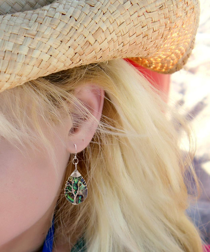 Aethers & Co A5 Handmade Teardrop Abalone Shell Dangle Earrings for Women, Wire Craft Tree of Life Earrings