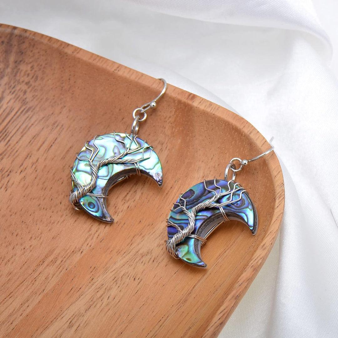 Aethers & Co A5 Handmade Teardrop Abalone Shell Dangle Earrings for Women, Wire Craft Tree of Life Earrings