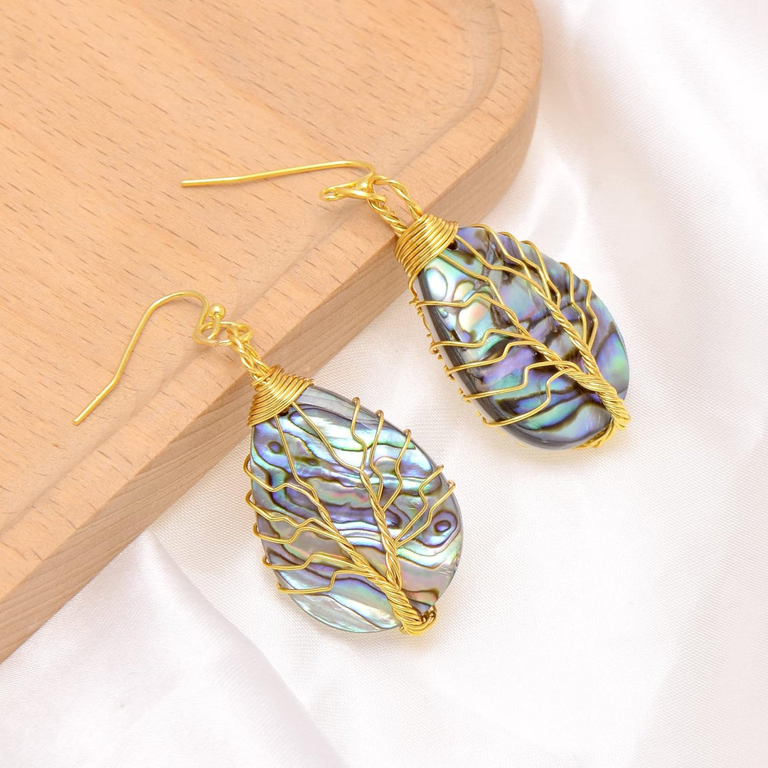 Aethers & Co A5 Handmade Teardrop Abalone Shell Dangle Earrings for Women, Wire Craft Tree of Life Earrings