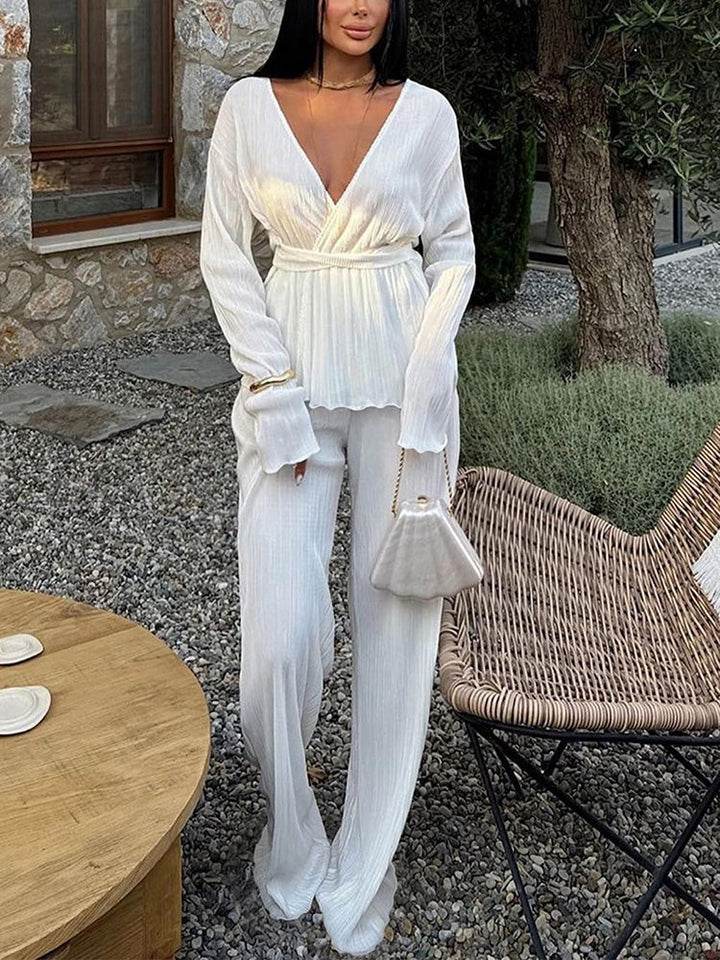 Belted Top Pleated Pants Set Pink / M