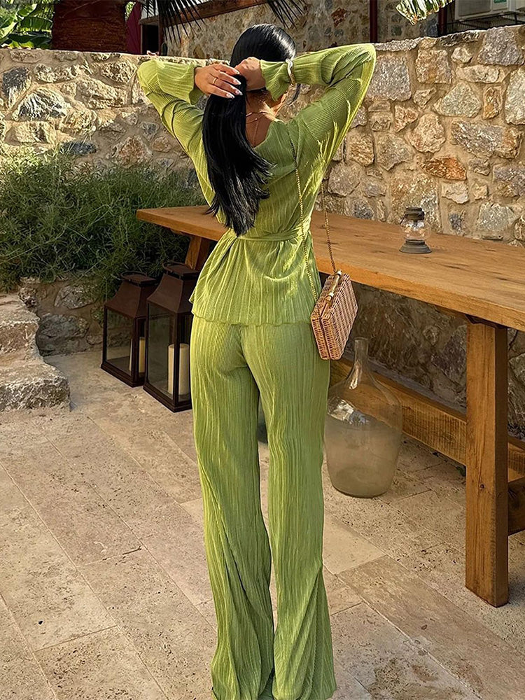 Belted Top Pleated Pants Set Green / M