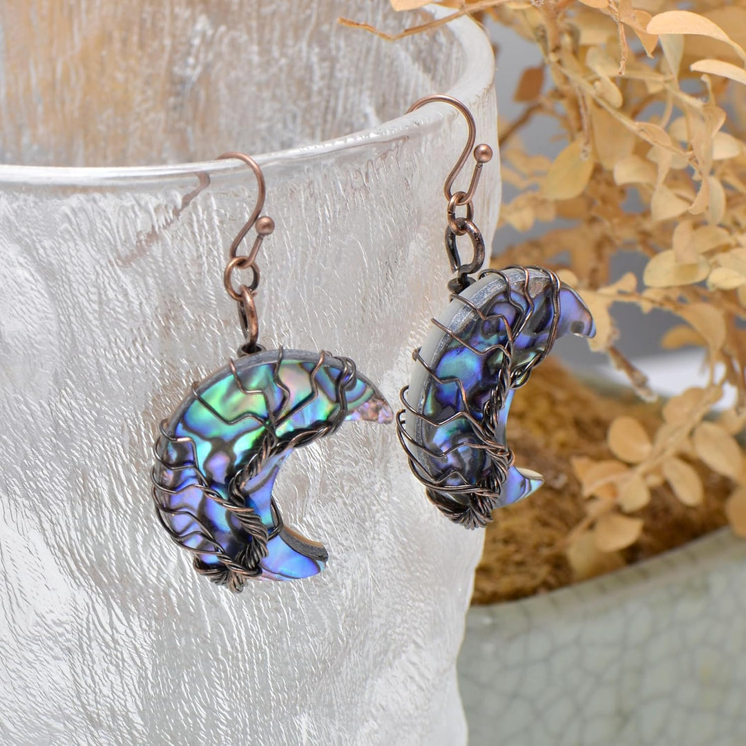 Aethers & Co A5 Handmade Teardrop Abalone Shell Dangle Earrings for Women, Wire Craft Tree of Life Earrings