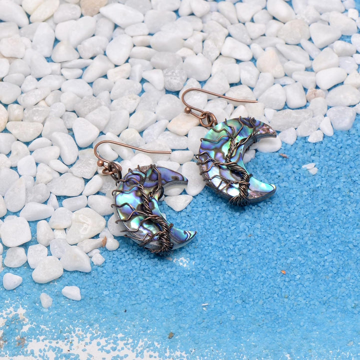 Aethers & Co A5 Handmade Teardrop Abalone Shell Dangle Earrings for Women, Wire Craft Tree of Life Earrings