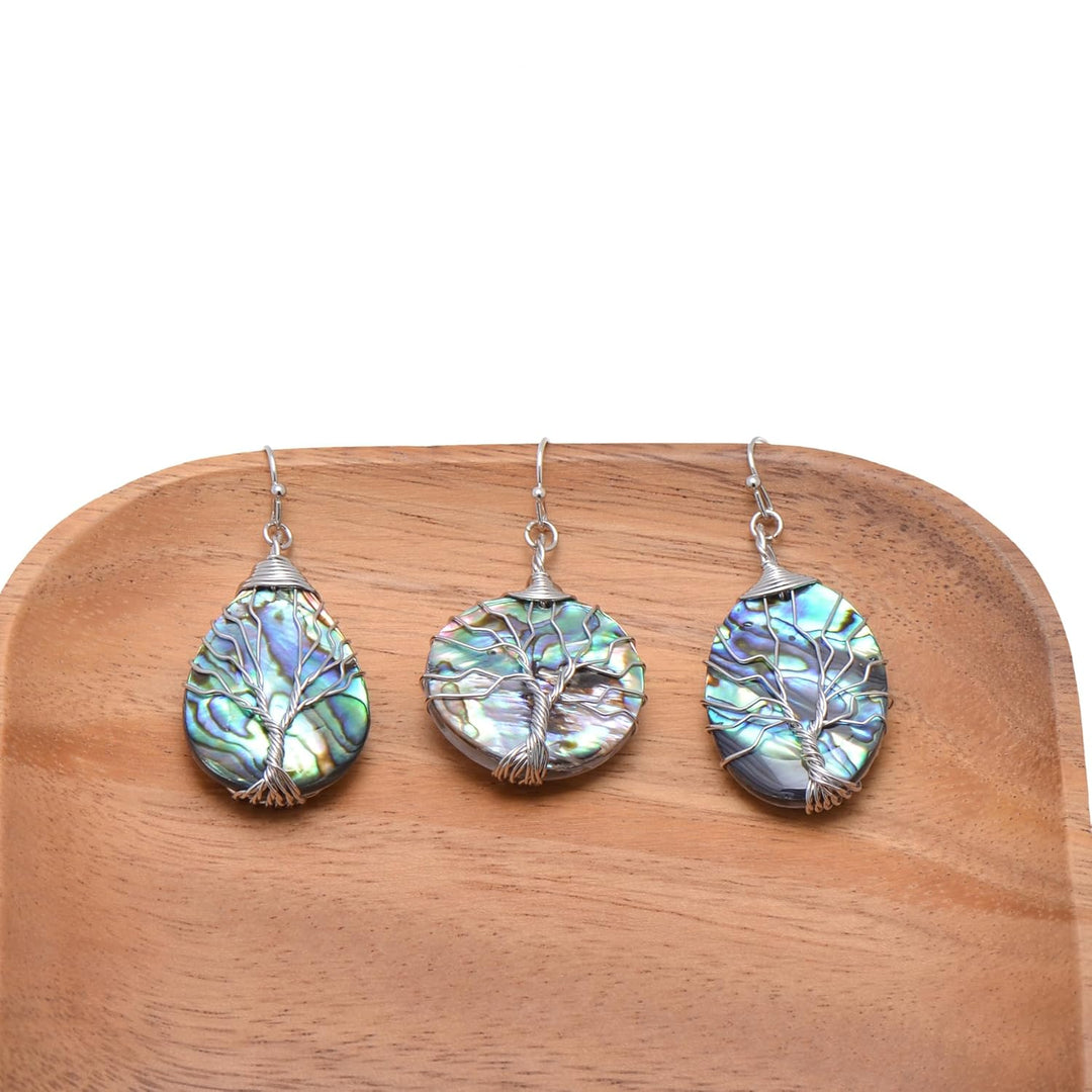 Aethers & Co A5 Handmade Teardrop Abalone Shell Dangle Earrings for Women, Wire Craft Tree of Life Earrings