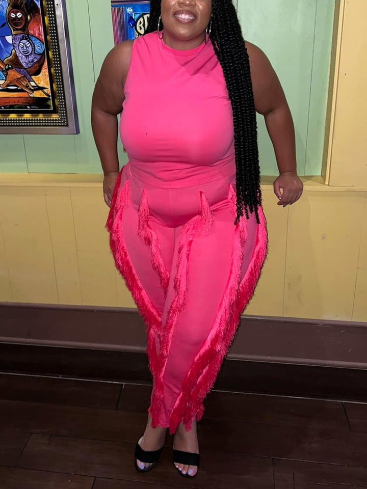 Sleeveless Top Tassel Pants Set Rose / 2XL