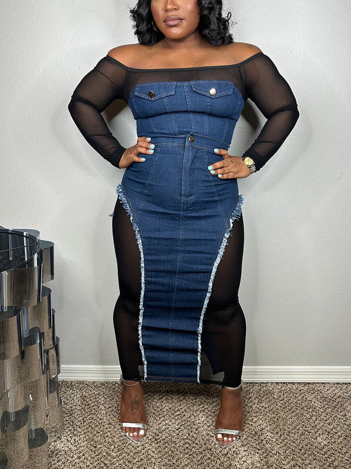 Denim Mesh Skirt Set Blue / L