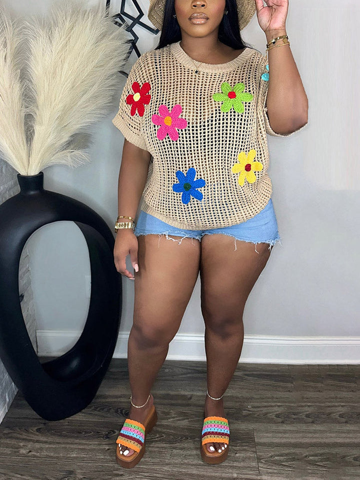Beach Floral Crochet Knit Top Khaki / S