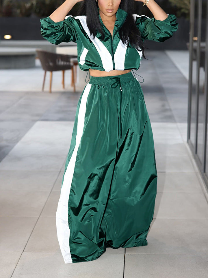 Sporty Crop Jacket & Wide Pants Set Green / L