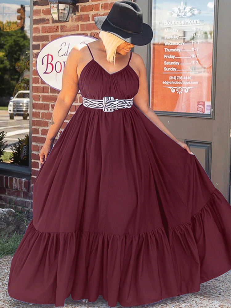 Spaghetti Strap Ruffle Maxi Dress Black / XL