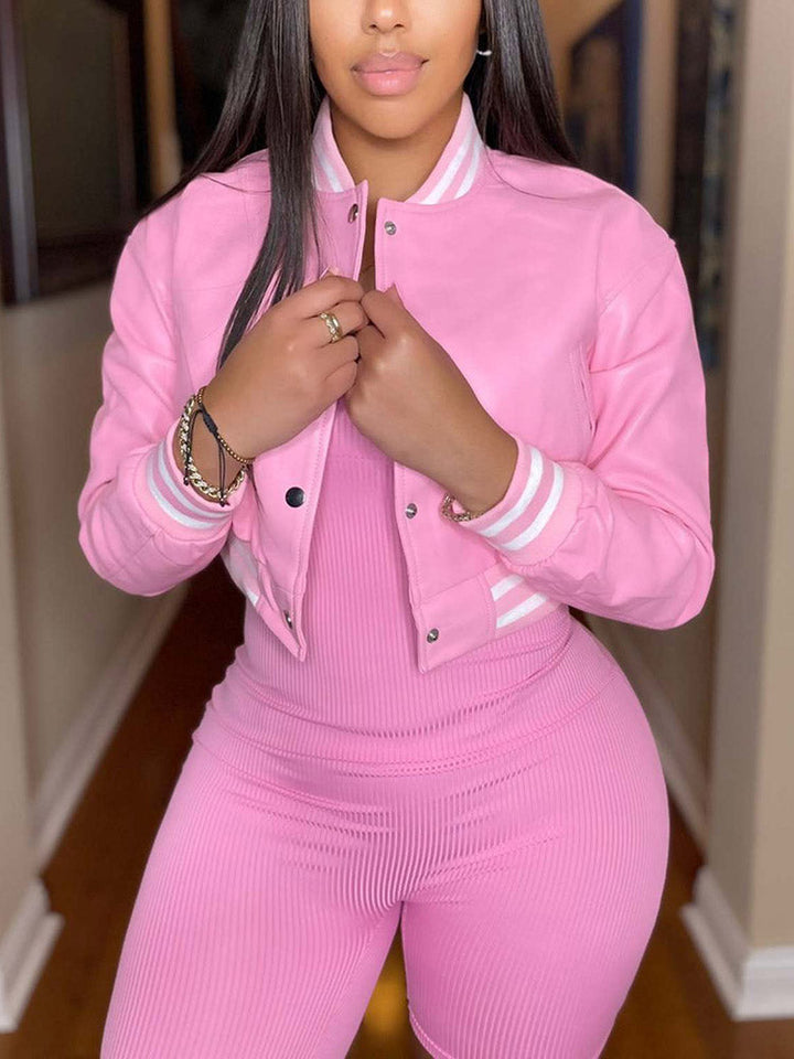 PU Leather Button Jacket Brown / L