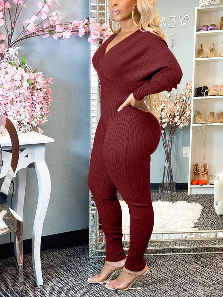 Off Shoulder Ribbed Jumpsuit Apricot / L