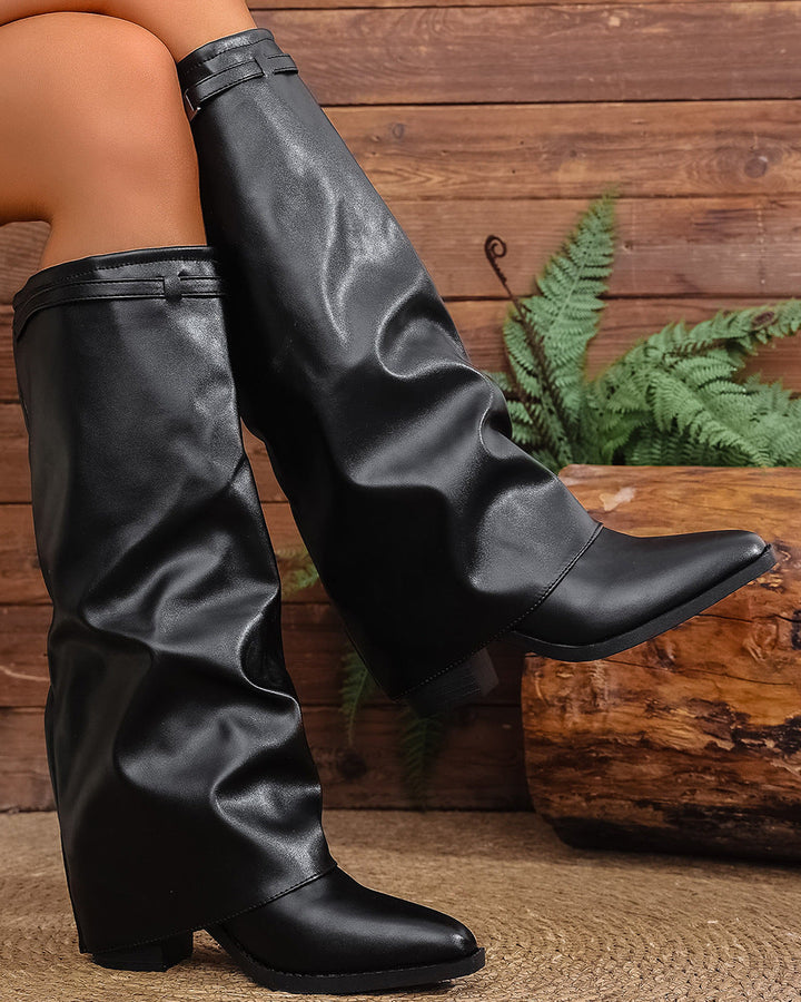 Pointed Toe Pleated Chunky Heel Boots