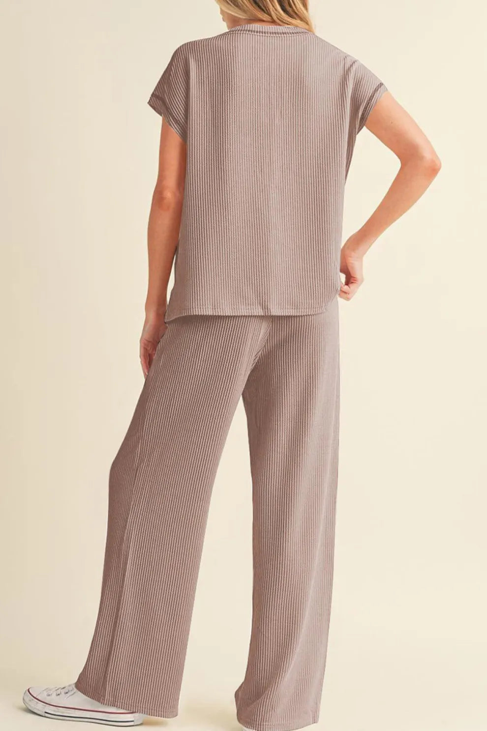 Ribbed T-shirt Wide Leg Long Pants Set