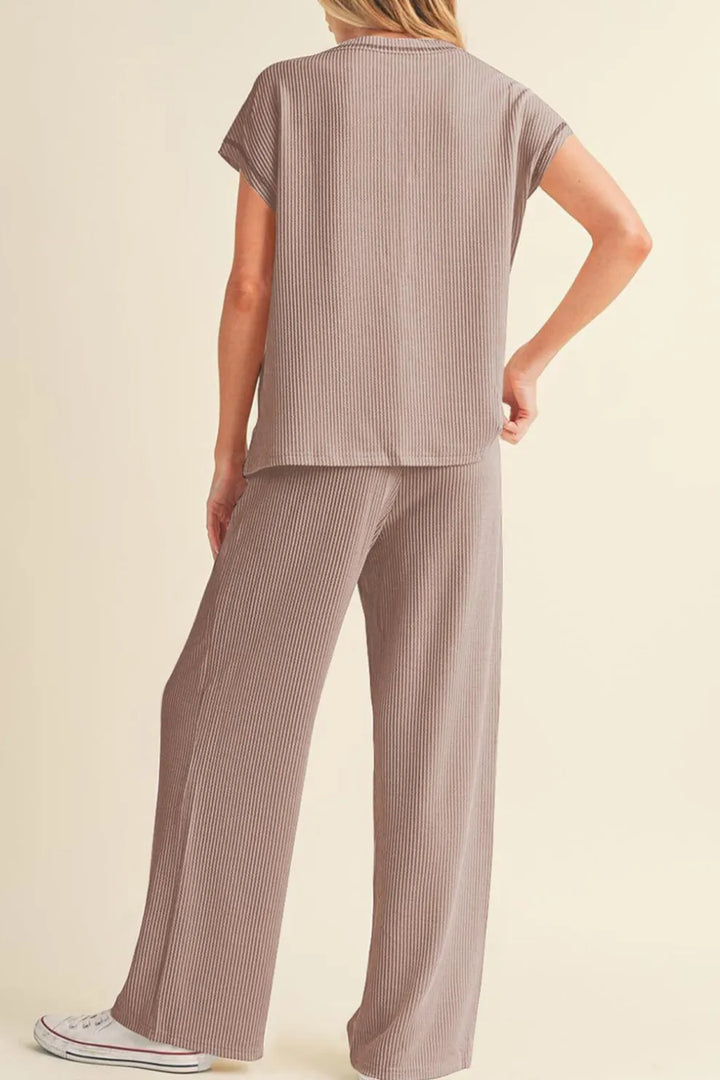 Ribbed T-shirt Wide Leg Long Pants Set