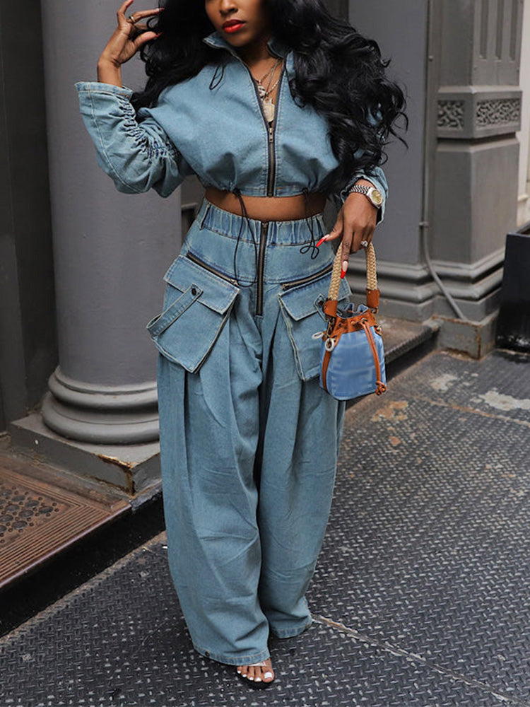 Denim Jacket & Wide Pants Set Blue / S