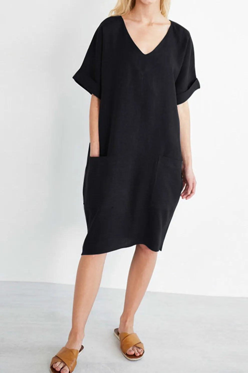 V Neck Short Sleeve Pocketed Cotton Dress