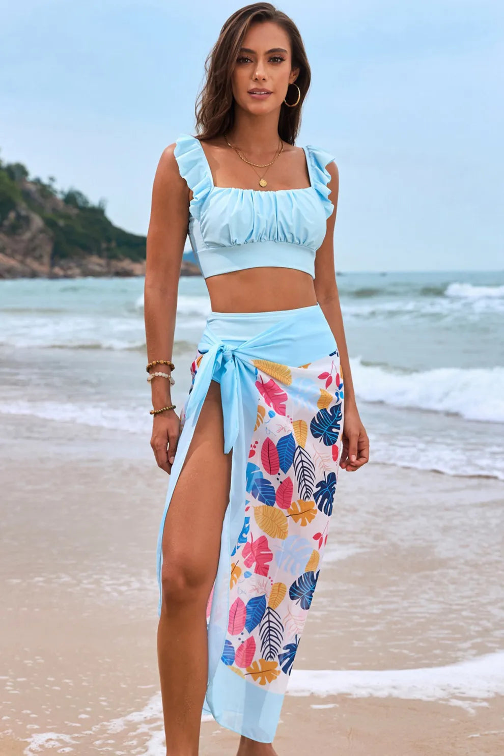 Ruffle Floral Print Swimsuit With Sarong