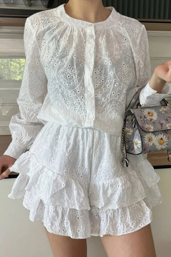 Hollow-out Jacquard Blouse Tiered Shorts Set
