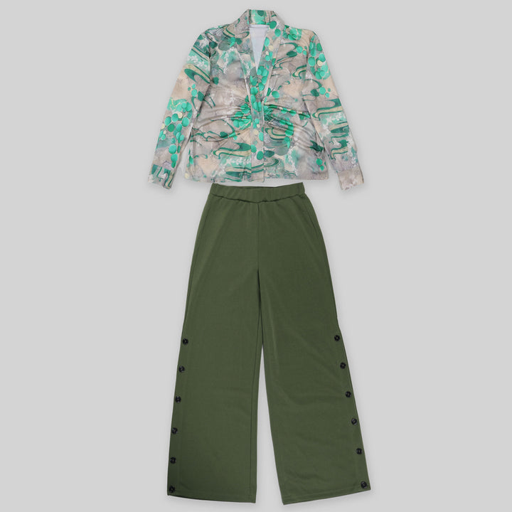Vintage Printed V-Neck Shirt Wide Leg Pants Set
