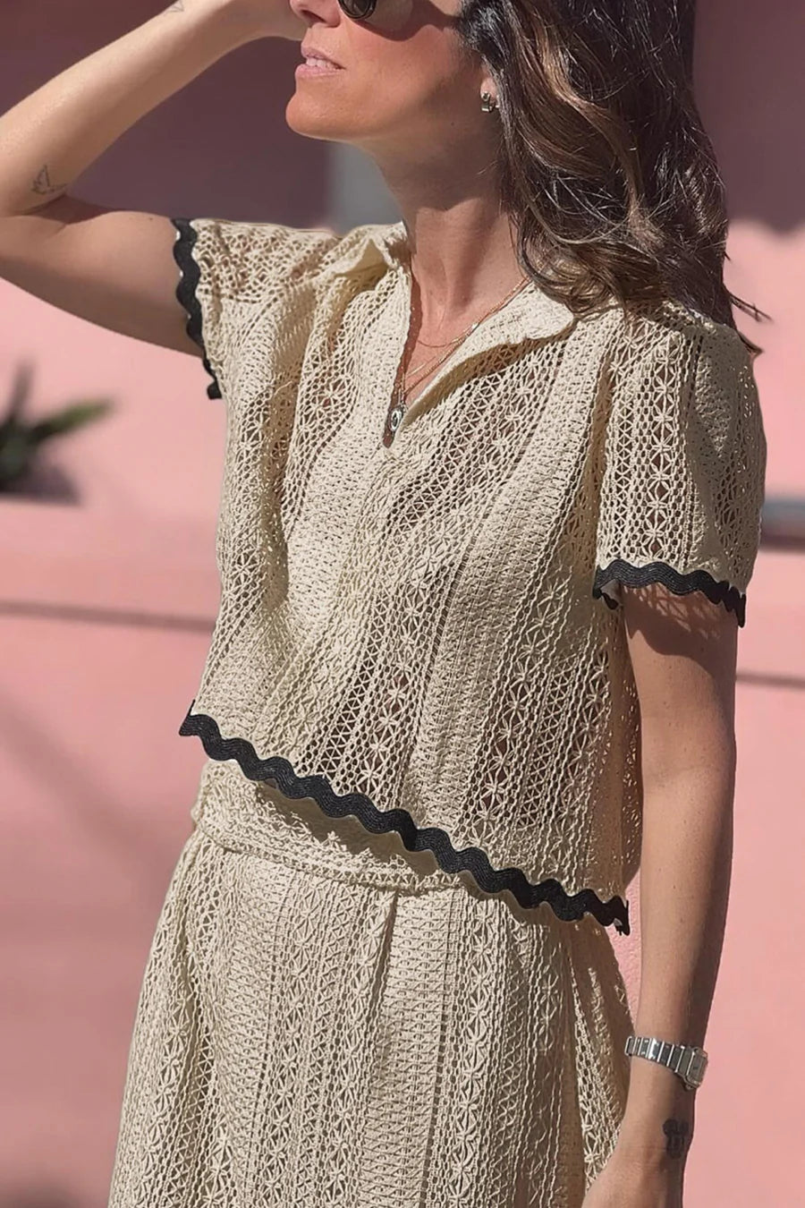 Lapel Lacework Hollow Out Shirt Skirt Set