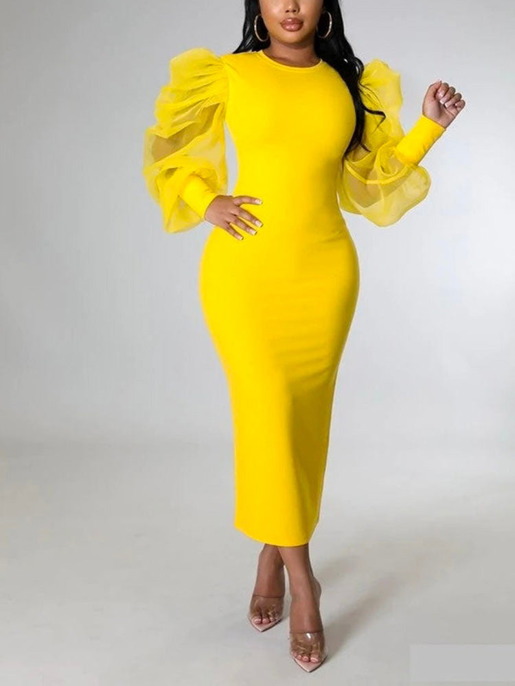 Elegant Puff Sleeve Maxi Dresses White / L