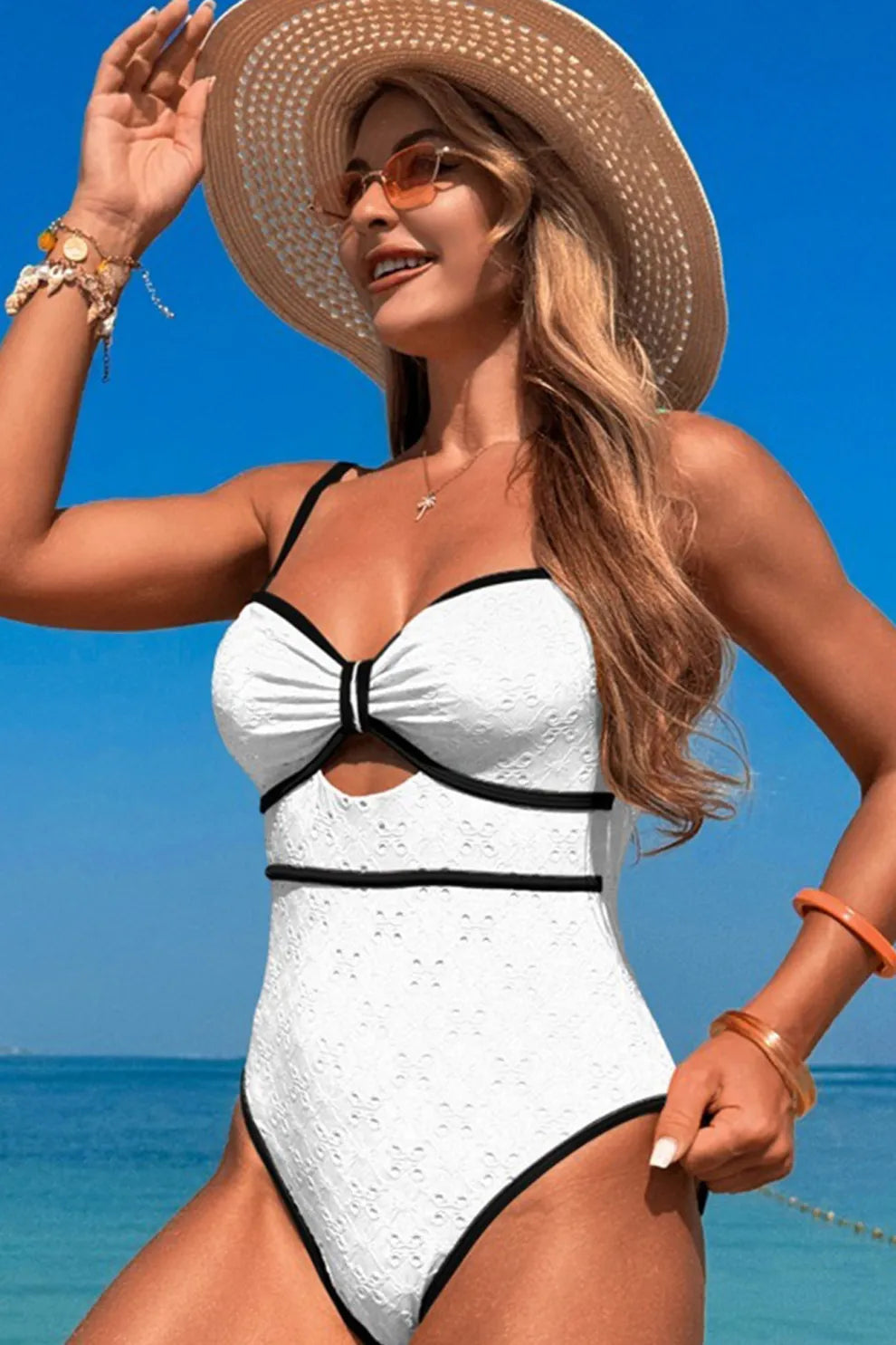 Vintage Textured Hollow-Out One-Piece Swimsuit