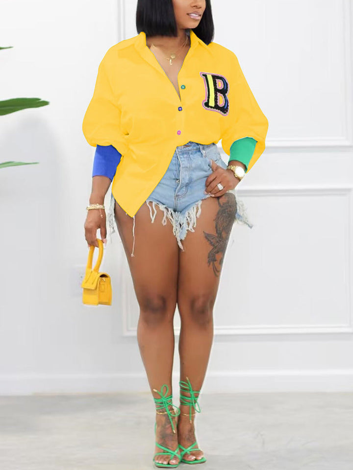 Embroidery Letter Decor Shirt Pink / L